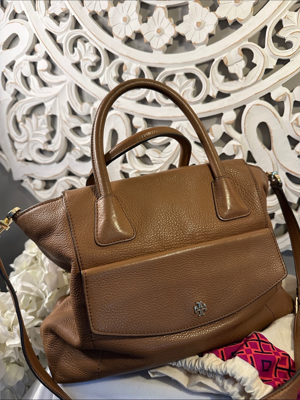 Tory Burch Tan Pebbled Leather Satchel with Front Pocket